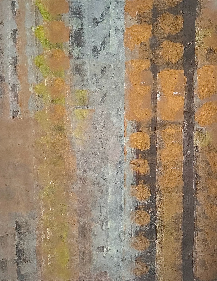 Abstract painting in earthy tones built through layered structures. A quiet composition where forms emerge and recede.