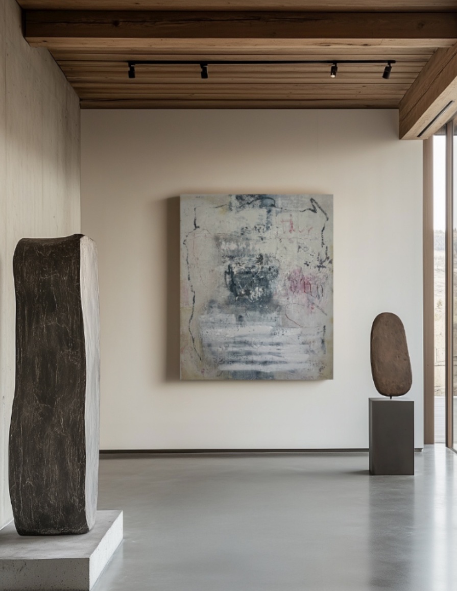 Abstract gray white pink painting 100x120cm by Léonce Lemmens